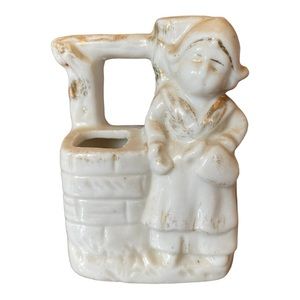 Vintage Porcelain Dutch girl at Well Toothpick Holder with gold trim 3” x 2.25”